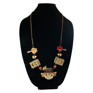 Vintage Halloween Scarecrow Beaded Necklace Pumpkins Candy Corn Tender Heart